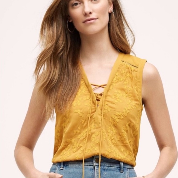 Anthropologie Tops - Anthropologie Maeve Embroidered Floral Sleeveless Lace Up Top
